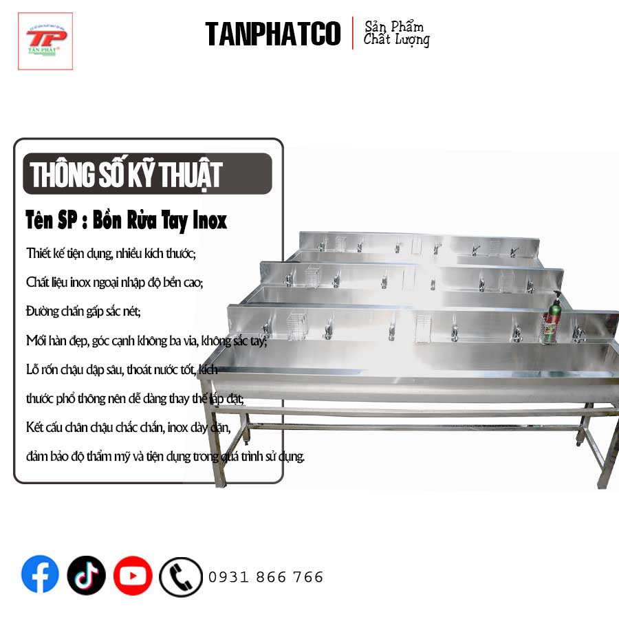 Bồn rửa tay inox  ,  có máng nước , vòi xả , khay đựng đồ   | TANPHATCO.VN